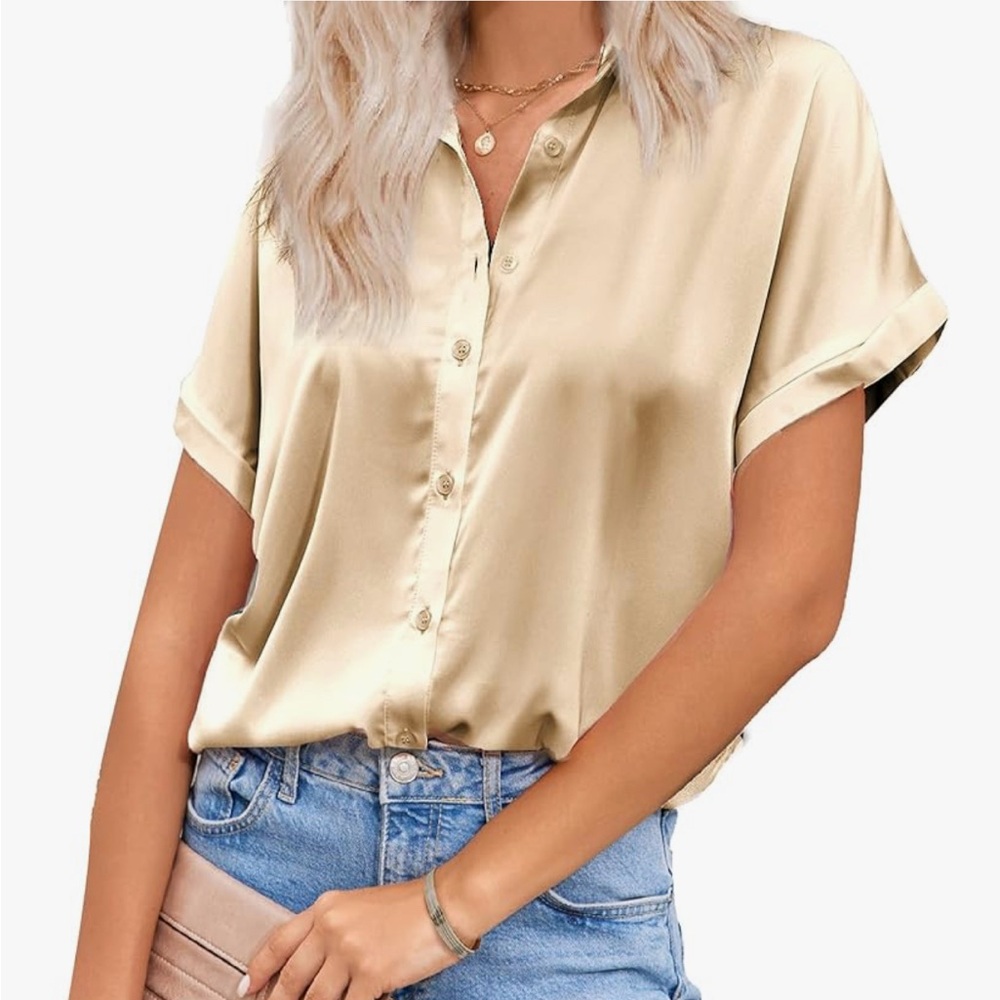 Silk Button Down Satin Short Sleeve V Neck Blouse